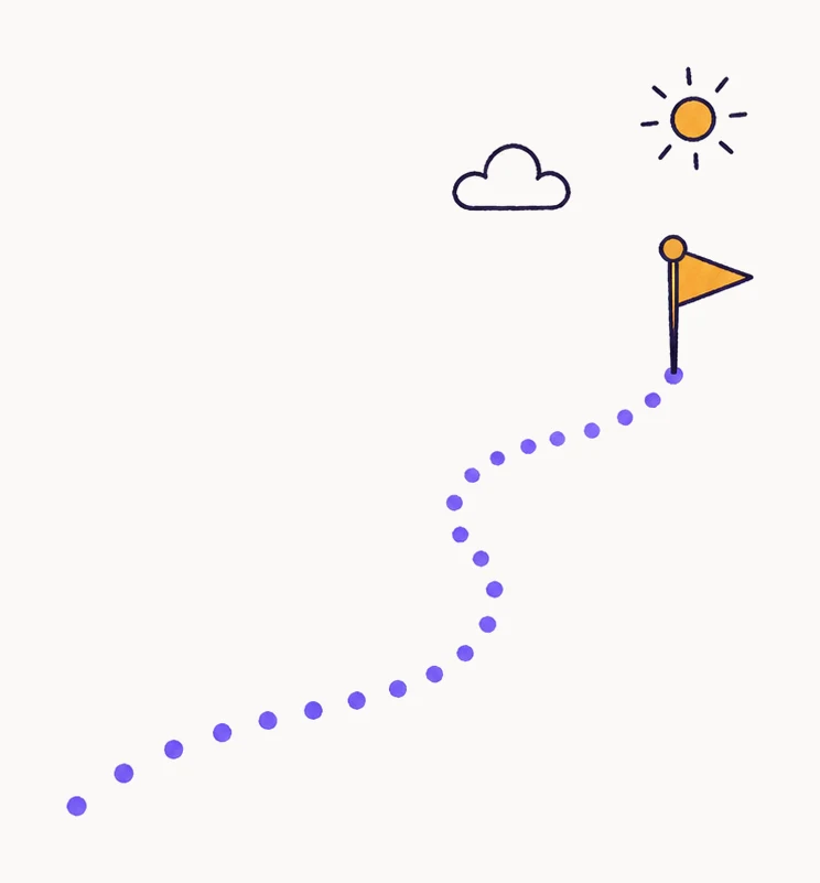 A trail of violet crumbs leading to a small flag, under a sun and a cloud