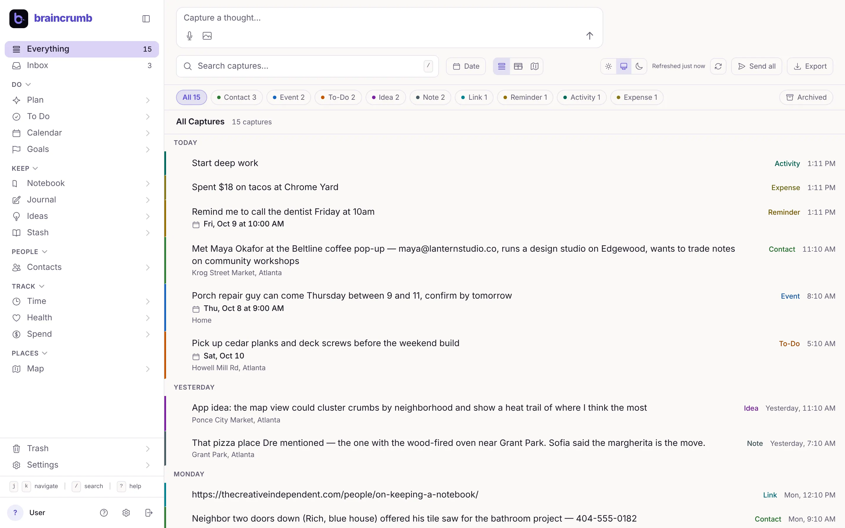 The BrainCrumb web app. The list of captures, each with its kind and its time, and the five groups of places: Do, Keep, People, Track and Places.